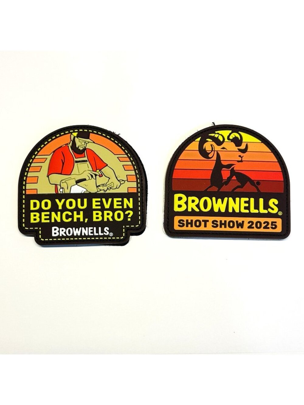 Brownells LOT OF 2 PVC Patches Do You Even Bench Bro? Shot Show 2025